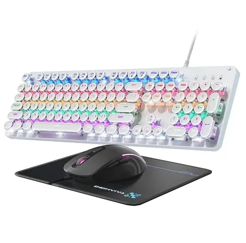Typewriter Mechanical Gaming Keyboard and Mouse, Metal Panel Retro Keyboards with Round Keycap Blue Switch, Rainbow LED Backlit 104-Key Anti-Ghost Wired Mouse and Pad Combo for PC Laptop Mac Gamer 