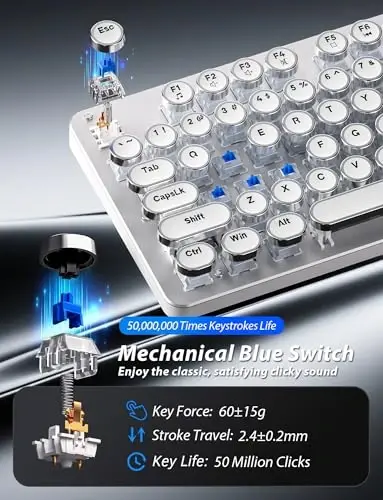 Typewriter Mechanical Gaming Keyboard and Mouse, Metal Panel Retro Keyboards with Round Keycap Blue Switch, Rainbow LED Backlit 104-Key Anti-Ghost Wired Mouse and Pad Combo for PC Laptop Mac Gamer - 3