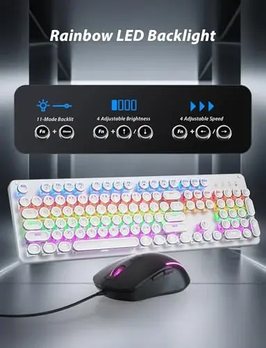 Typewriter Mechanical Gaming Keyboard and Mouse, Metal Panel Retro Keyboards with Round Keycap Blue Switch, Rainbow LED Backlit 104-Key Anti-Ghost Wired Mouse and Pad Combo for PC Laptop Mac Gamer - 5