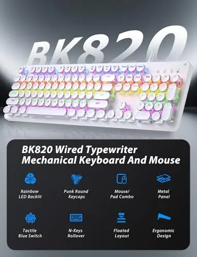Typewriter Mechanical Gaming Keyboard and Mouse, Metal Panel Retro Keyboards with Round Keycap Blue Switch, Rainbow LED Backlit 104-Key Anti-Ghost Wired Mouse and Pad Combo for PC Laptop Mac Gamer - 2