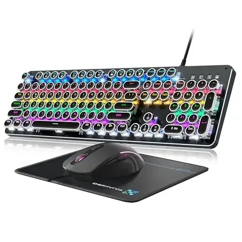 Typewriter Mechanical Gaming Keyboard and Mouse, Metal Panel Retro Keyboards with Round Keycap Blue Switch, Rainbow LED Backlit 104-Key Anti-Ghost Wired Mouse and Pad Combo for PC Laptop Mac Gamer - 1