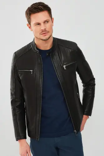 Dali Men's Black Sport Leather Jacket 22sgm6348ve - 2