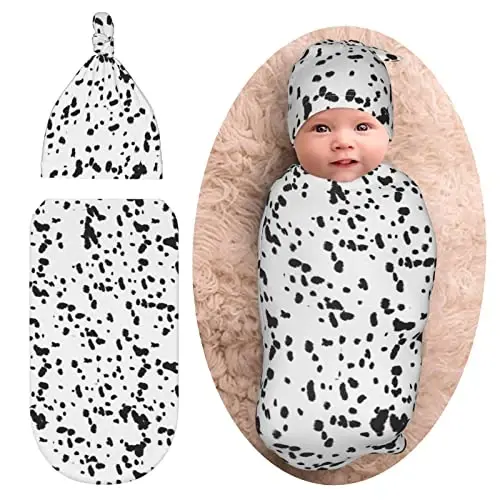 Dalmatian Dog Print Black Spot Newborn Swaddle Blanket With Hat Set Baby Stuff Receiving Blankets Soft Transition Sleep Sacks Gifts For Infant Boys Girls - NORCHZI (1)