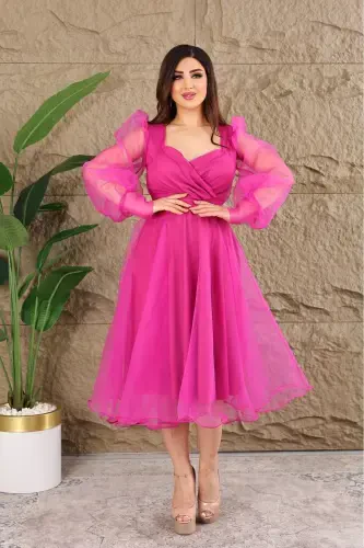 Dalya Tül Dekolteli Tasarım Abiyemiz-Fuşya - 1