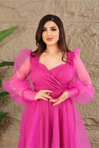 Dalya Tül Dekolteli Tasarım Abiyemiz-Fuşya - 4