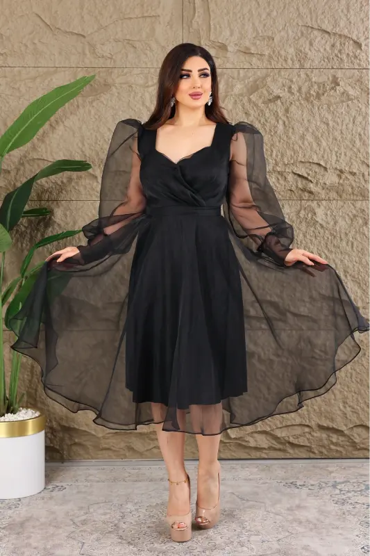 Dalya Tulle Detailed Design Evening Dress-Black - 3