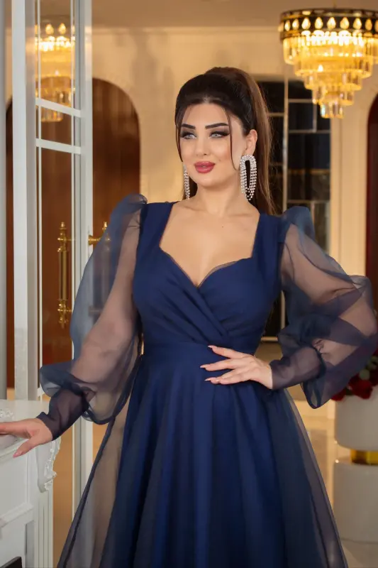 Dalya Tulle Detailed Design Evening Dress-Dark Navy Blue - 2
