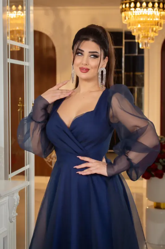 Dalya Tulle Detailed Design Evening Dress-Dark Navy Blue - 6