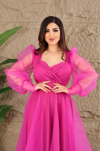 Dalya Tulle Detailed Design Evening Dress-Fuchsia - 8