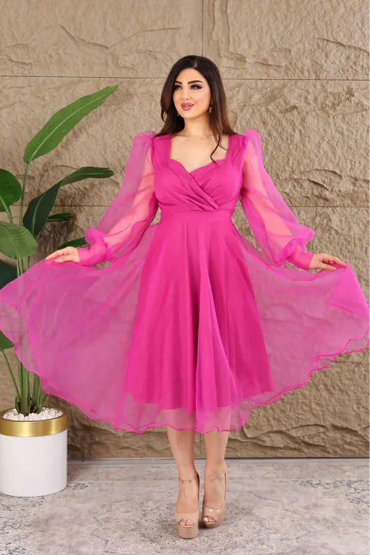 Dalya Tulle Detailed Design Evening Dress-Fuchsia - 9