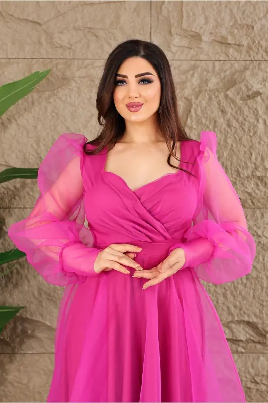 Dalya Tulle Detailed Design Evening Dress-Fuchsia - 10