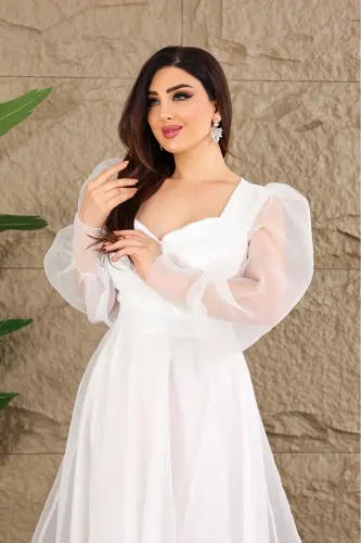Dalya Tulle Detailed Design Evening Dress-White - 3