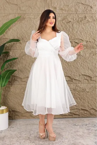 Dalya Tulle Detailed Design Evening Dress-White - 4