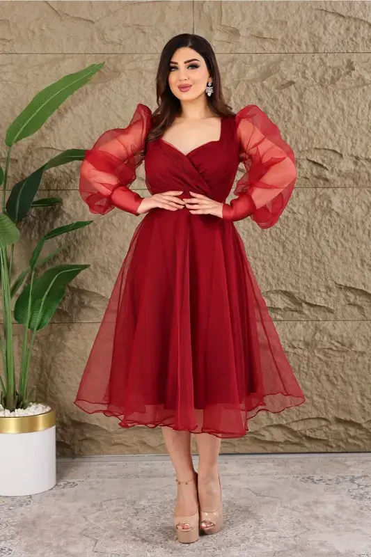 Dalya Tulle Low-Cut Design Evening Dress-Burgundy - MATIK ABIYEM