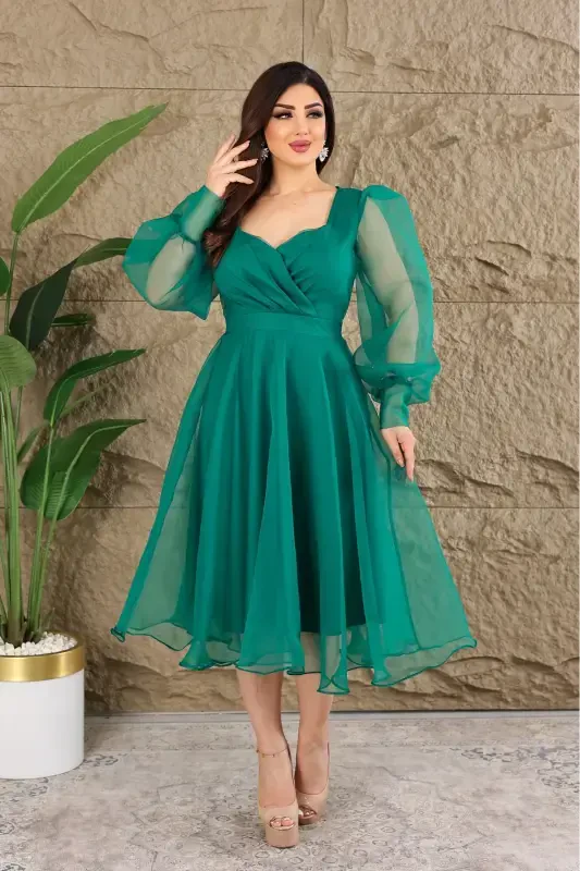 Dalya Tulle Low-Cut Design Evening Dress-Green - 1