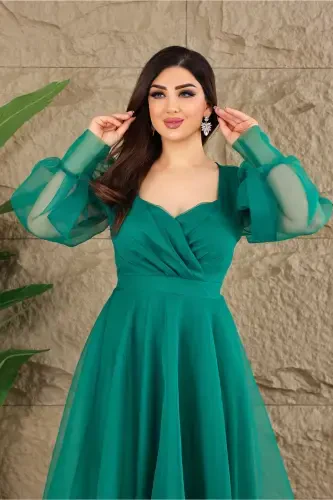 Dalya Tulle Low-Cut Design Evening Dress-Green - 2