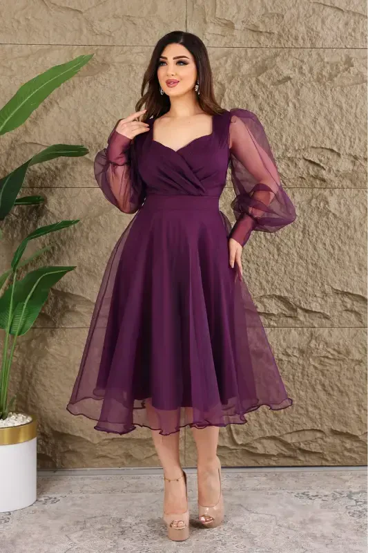 Dalya Tulle Low-Cut Design Evening Dress-Purple - 1