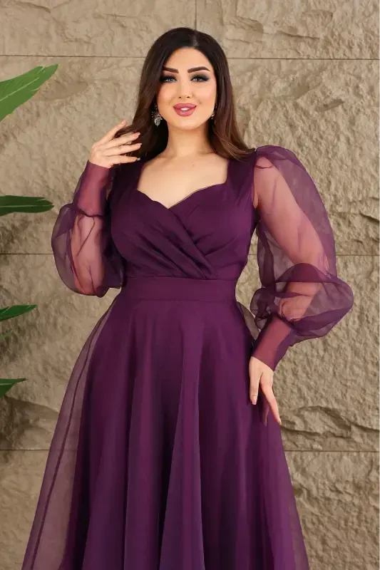 Dalya Tulle Low-Cut Design Evening Dress-Purple - 2