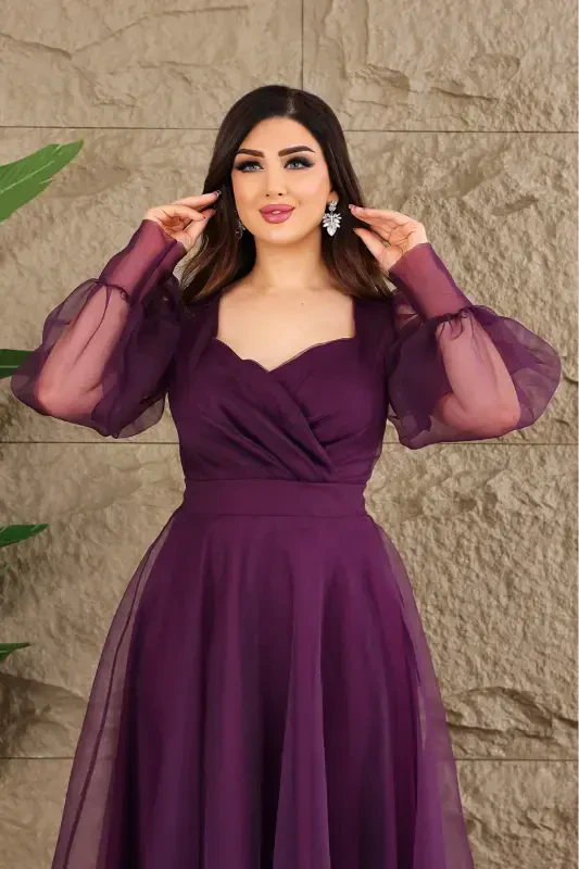 Dalya Tulle Low-Cut Design Evening Dress-Purple - 4