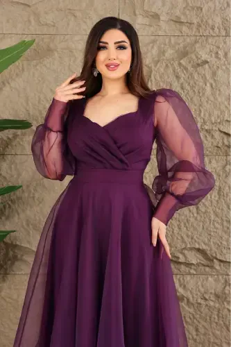 Dalya Tulli Dekolte Dizayn Abiye - Binafsha - MATIK ABIYEM (1)