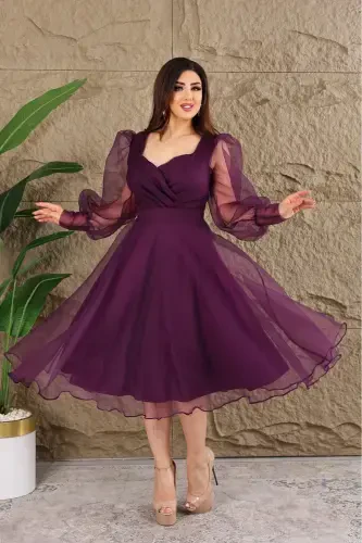 Dalya Tulli Dekolte Dizayn Abiye - Binafsha - 3