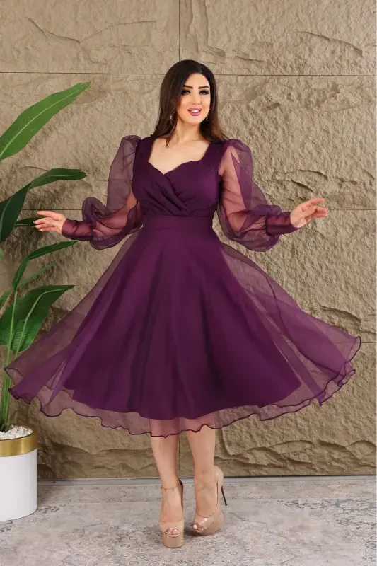 Dalya Tulli Dekolte Dizayn Abiye - Binafsha - 3