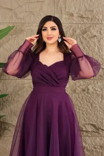 Dalya Tulli Dekolte Dizayn Abiye - Binafsha - 4