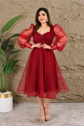 Dalya Tulli Dekolte Dizayn Abiye-Bordo - 1