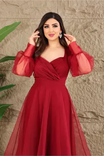 Dalya Tulli Dekolte Dizayn Abiye-Bordo - MATIK ABIYEM (1)