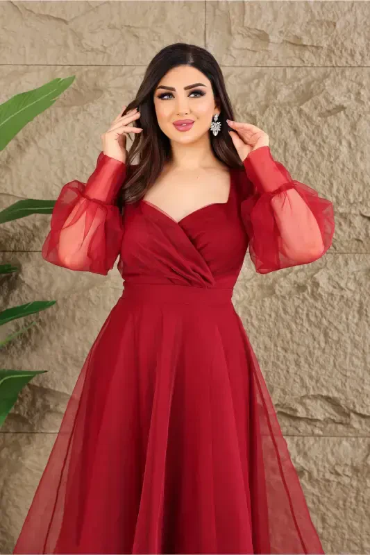 Dalya Tulli Dekolte Dizayn Abiye-Bordo - 2