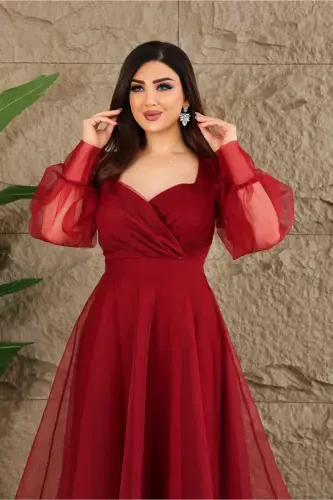 Dalya Tulli Dekolte Dizayn Abiye-Bordo - 3