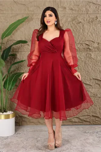 Dalya Tulli Dekolte Dizayn Abiye-Bordo - 4