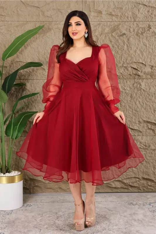 Dalya Tulli Dekolte Dizayn Abiye-Bordo - 4