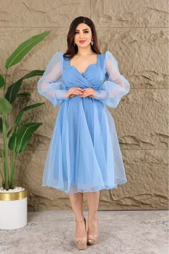 Dalya Tulli Dekolte Dizayn Abiye - Moviy - MATIK ABIYEM (1)