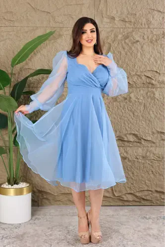 Dalya Tulli Dekolte Dizayn Abiye - Moviy - 3