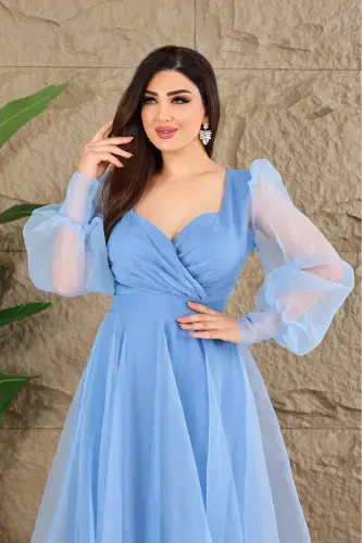 Dalya Tulli Dekolte Dizayn Abiye - Moviy - 4