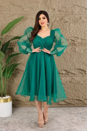 Dalya Tulli Dekolte Dizayn Abiye - Yashil - 3