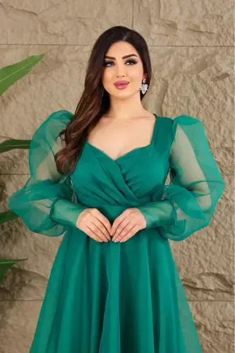 Dalya Tulli Dekolte Dizayn Abiye - Yashil - 4