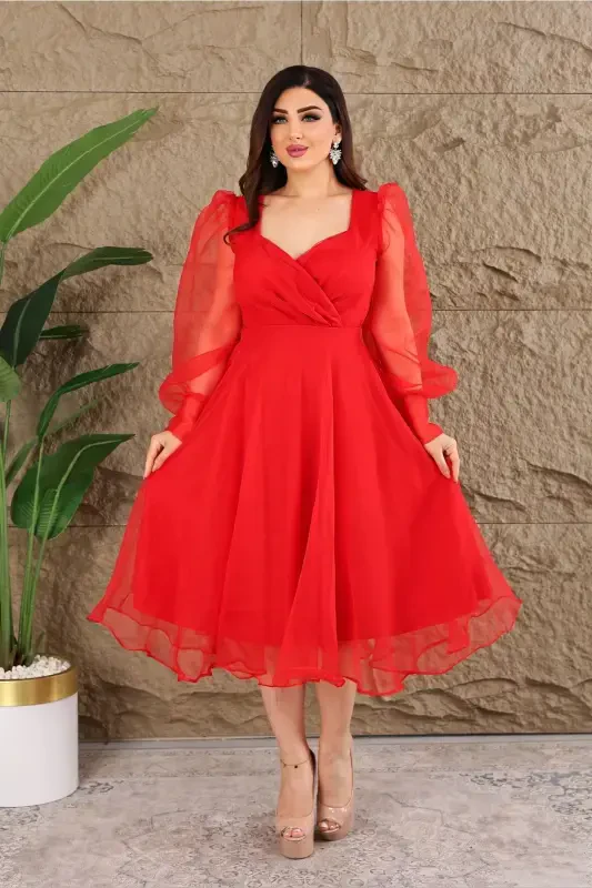 Dalya Tulli Dekolte Dizayn Libosimiz - Qizil - 1