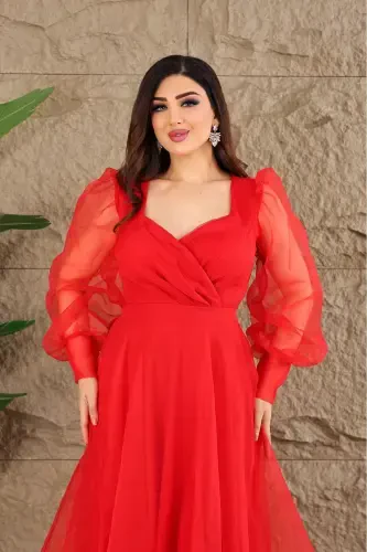 Dalya Tulli Dekolte Dizayn Libosimiz - Qizil - MATIK ABIYEM (1)