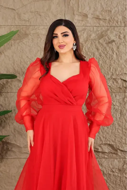 Dalya Tulli Dekolte Dizayn Libosimiz - Qizil - 2