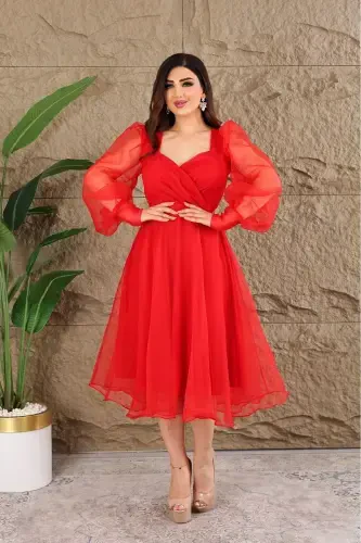 Dalya Tulli Dekolte Dizayn Libosimiz - Qizil - 3