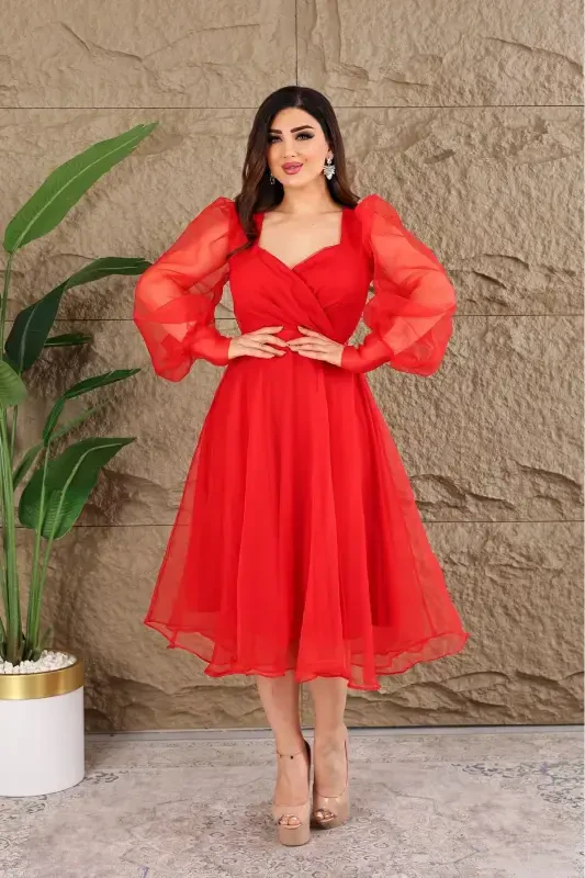 Dalya Tulli Dekolte Dizayn Libosimiz - Qizil - 3