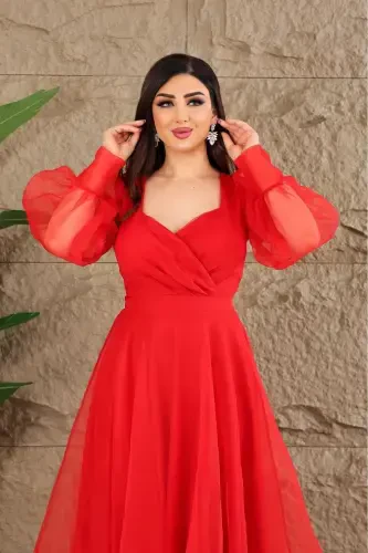 Dalya Tulli Dekolte Dizayn Libosimiz - Qizil - 4