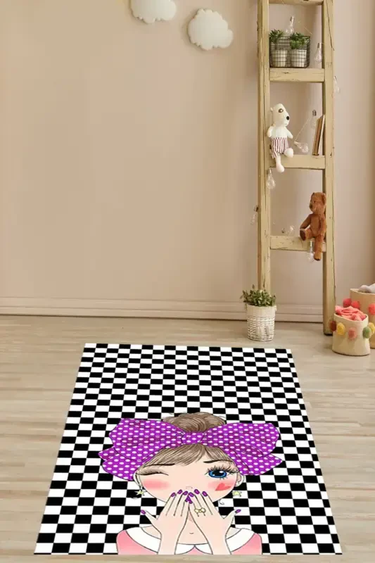 Dama Zaminli Qiz Desenli Qalbli Raqamli Bosma Yuviladigan Sirpanmaydigan Taglik Yosh Qizlar Xonasi Gilami-Qora - 2