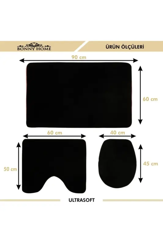 Damask 3’lü Siyah Ultrasoft Deri Taban Klozet Takımı Banyo Halısı Paspas Seti-Siyah - 3