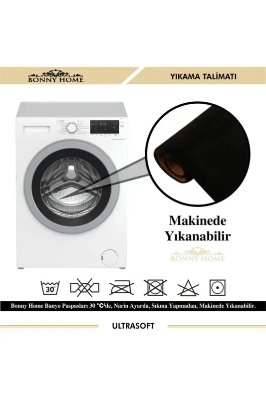 Damask 3’lü Siyah Ultrasoft Deri Taban Klozet Takımı Banyo Halısı Paspas Seti-Siyah - 4