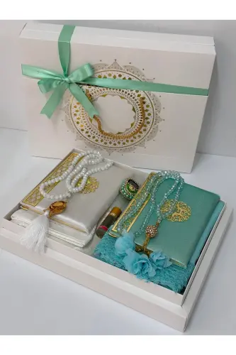 Damat Bohçası Gelin Bohçası Seccade Seti Nişan Bohçası Seccade Takımı-su yeşili ve gri - 4