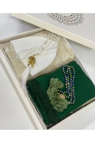 Damat Bohçası Gelin Bohçası Seccade Seti Nişan Seccade Takımı-yeşil beyaz 