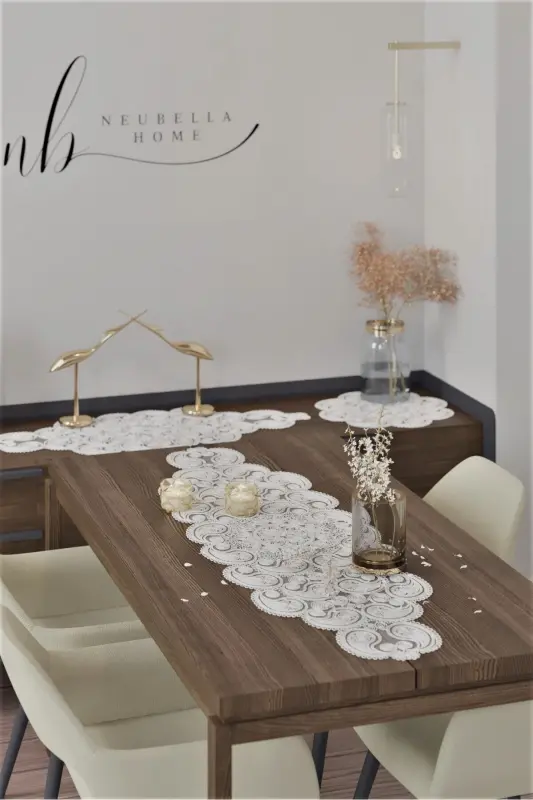 Damla 5 Parça Lüks Runner Salon Oda Sehpa Masa Örtü Takımı Fransız Güpürlü Çeyizlik Set Ekru-Ekru - 2